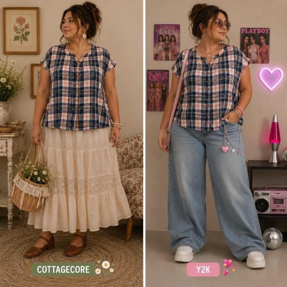 Caslon Plaid Linen Blend Popover Top Sz 2X Blue Pink Short Sleeve Lagenlook Plus
